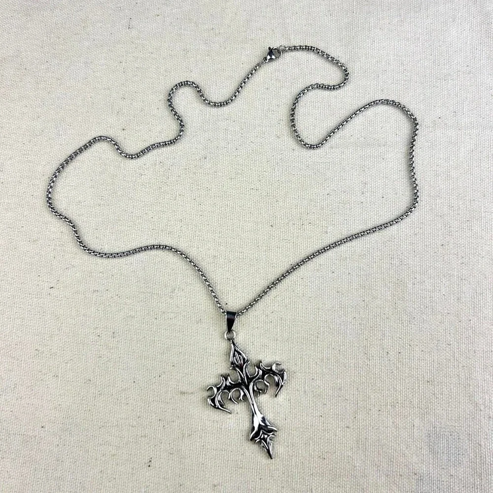 Vintage Y2K silver cross opium cyber punk style necklace emo goth
